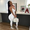 Women's Solid Color Ribbed Backless Camisole Jumpsuit with Chest Pad - Casual Yoga Wear
