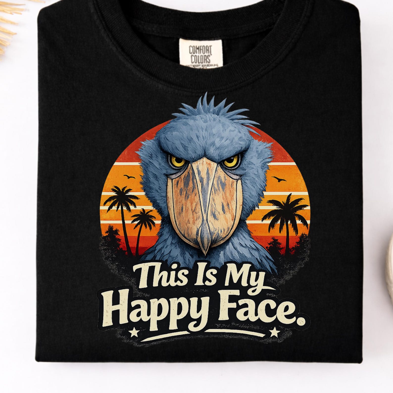 Grumpy Shoebill Bird This Is My Happy Face T-Shirt | Funny Animal Tee XL