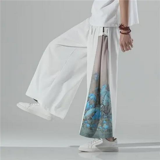 Men's Summer Ice Silk Hanfu Pants: Ancient Style, Chinese Print, Casual Nine-Point Fit