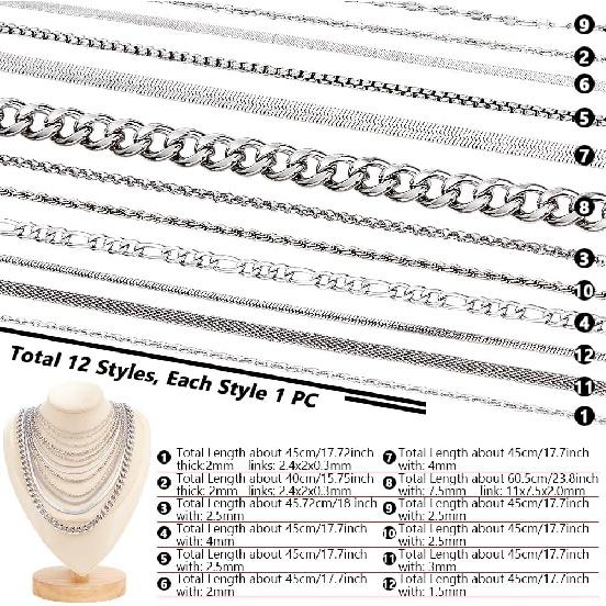 NBEADS 12 шт. 17,7-23,8 дюйма 201/304/316 Нержавеющая сталь Цепочка-ожерелье, 12 стилей Змеиные цепочки Коробочные цепочки-ожерелья Роло Цепочки звеньевые Цепочки-канат