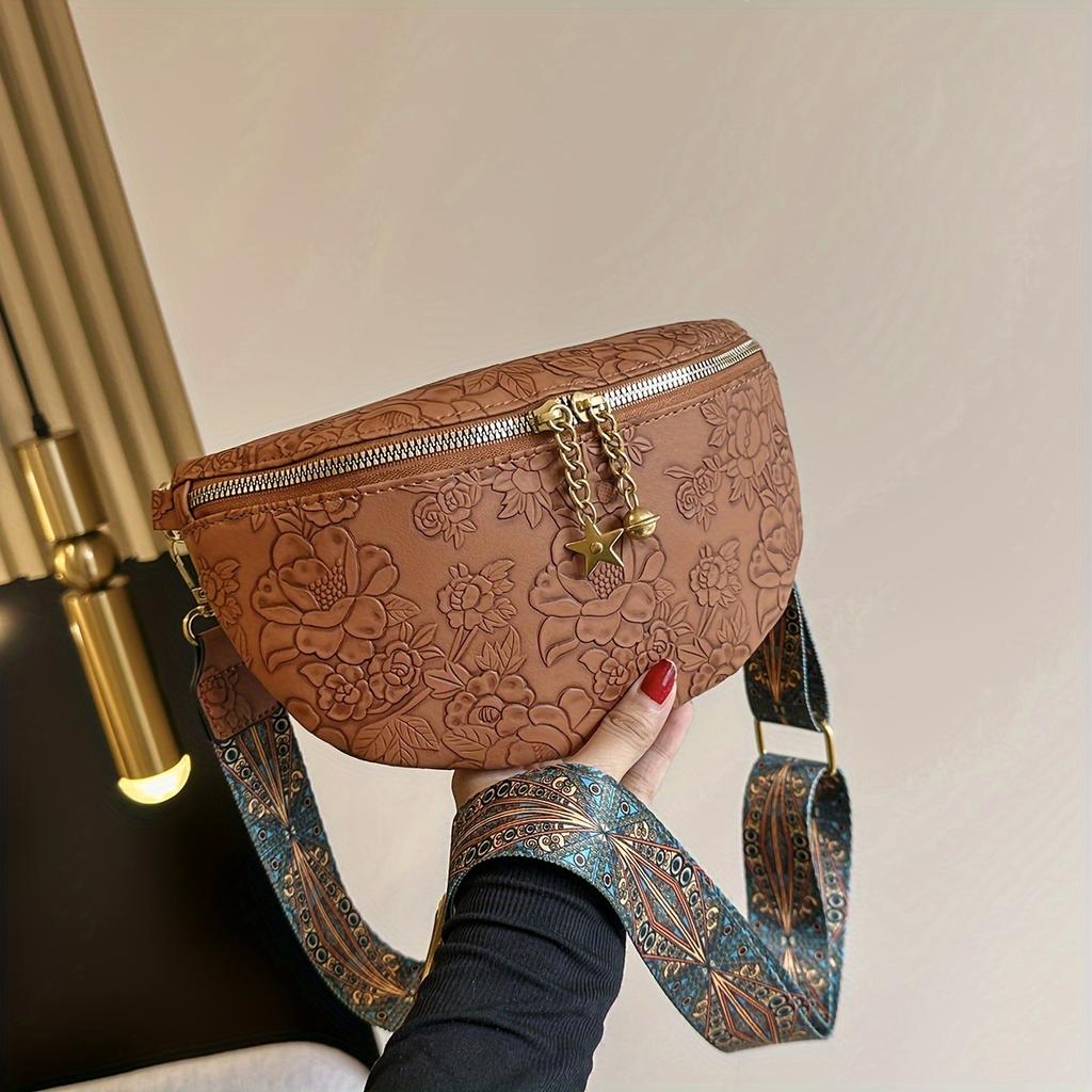 Wide Strap Classic Retro Elegant Flower Pattern Crossbody Bag, Textured Ethnic Fancy Pack