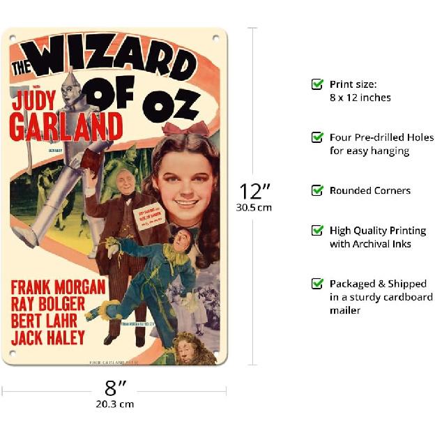 The Wizard of Oz - Starring Judy Garland - Vintage Film Movie Poster C.1949-8 X 12 Inch Vintage Metal Tin Sign