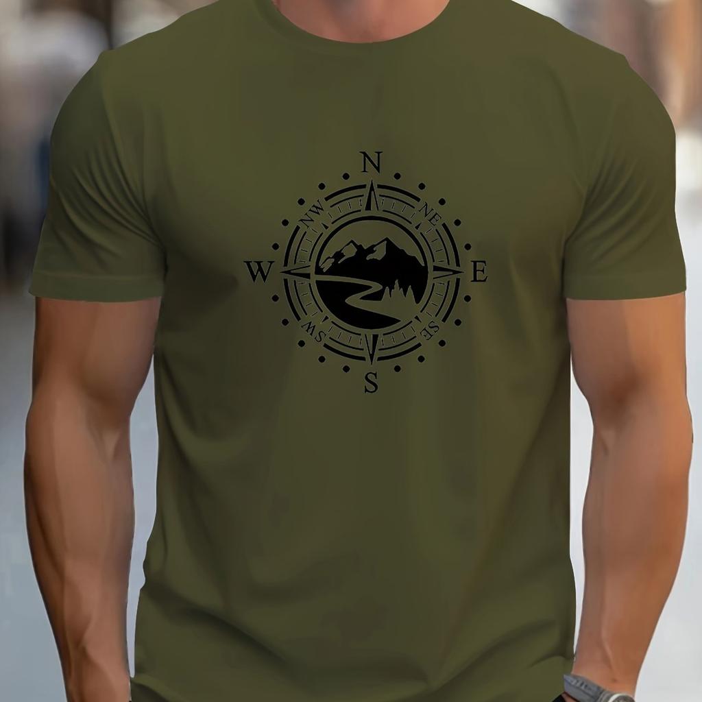 Summer Men's 100% Cotton Casual Loose Large Compass Pattern Printed Sports Comfortable Round Neck Short Sleeve T-shirt Top