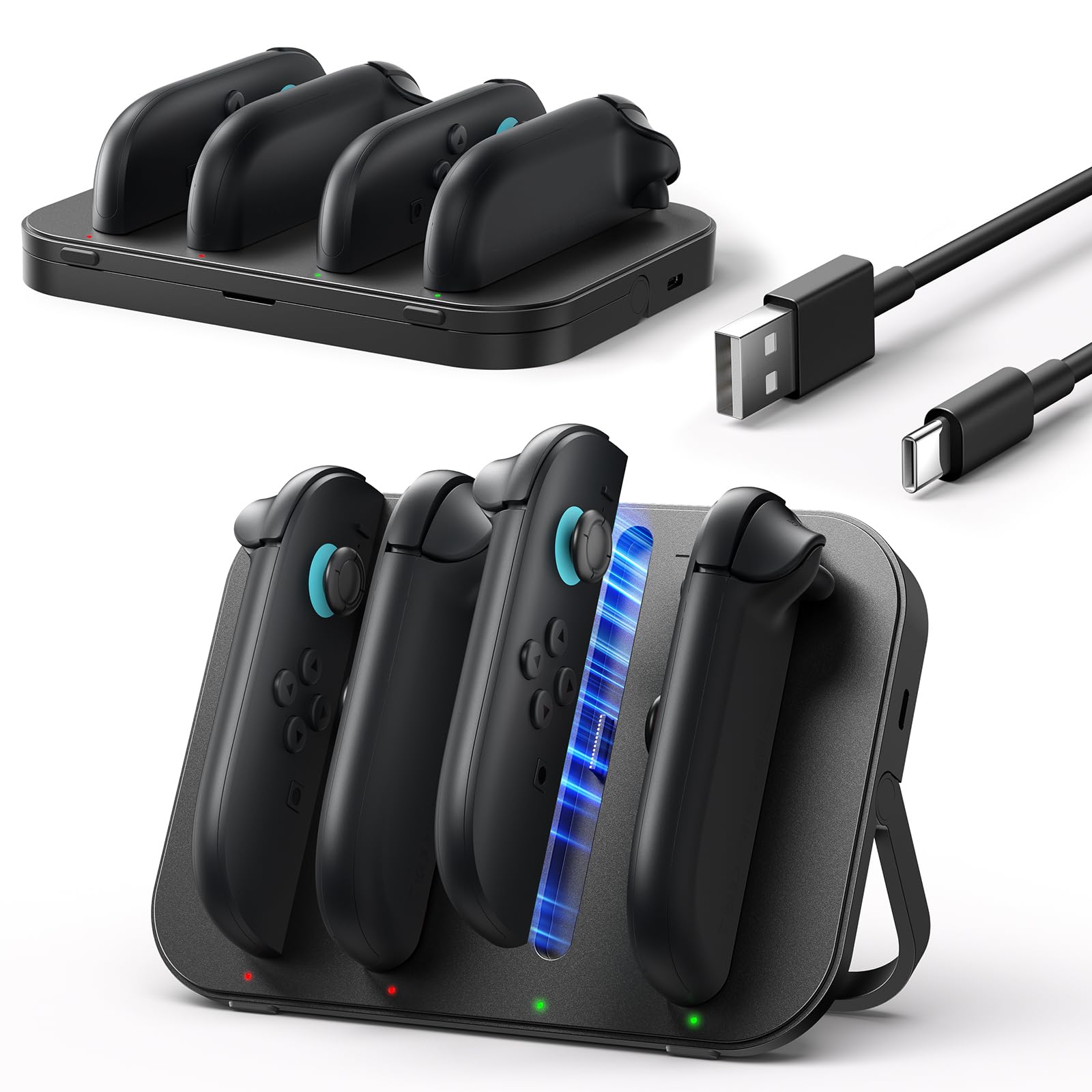 

JSAUX Switch 2 Charging Stand Compatible with Switch Charges 4 Devices Simultaneously Magnetic Connector Foldable Stand LED Light Cable Included чорний