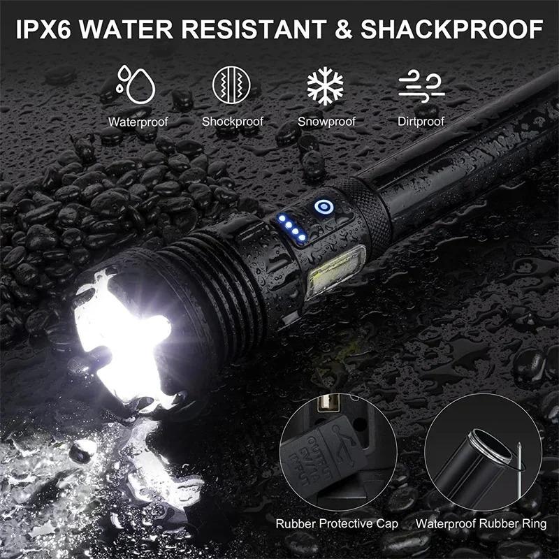 Multiple Lighting Modes XHP70 XHP90 COB Aluminum Rechargeable Zoom Multifunctional Flashlight Tactical Self-defense Flashlight