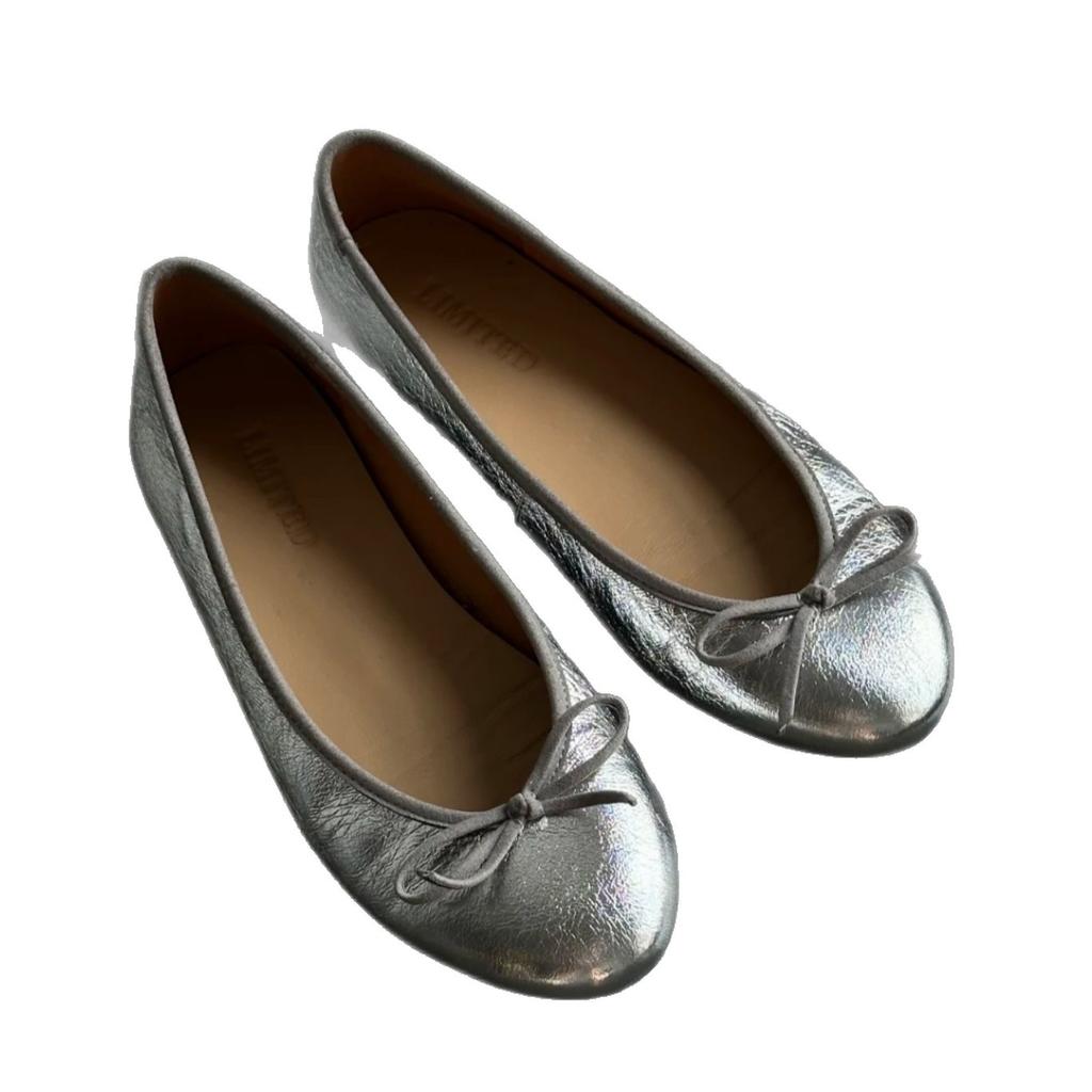 Leather retro gentle wind bow ballet shoes French silver round head flat bottom light mouth single shoes soft sole grandma shoes