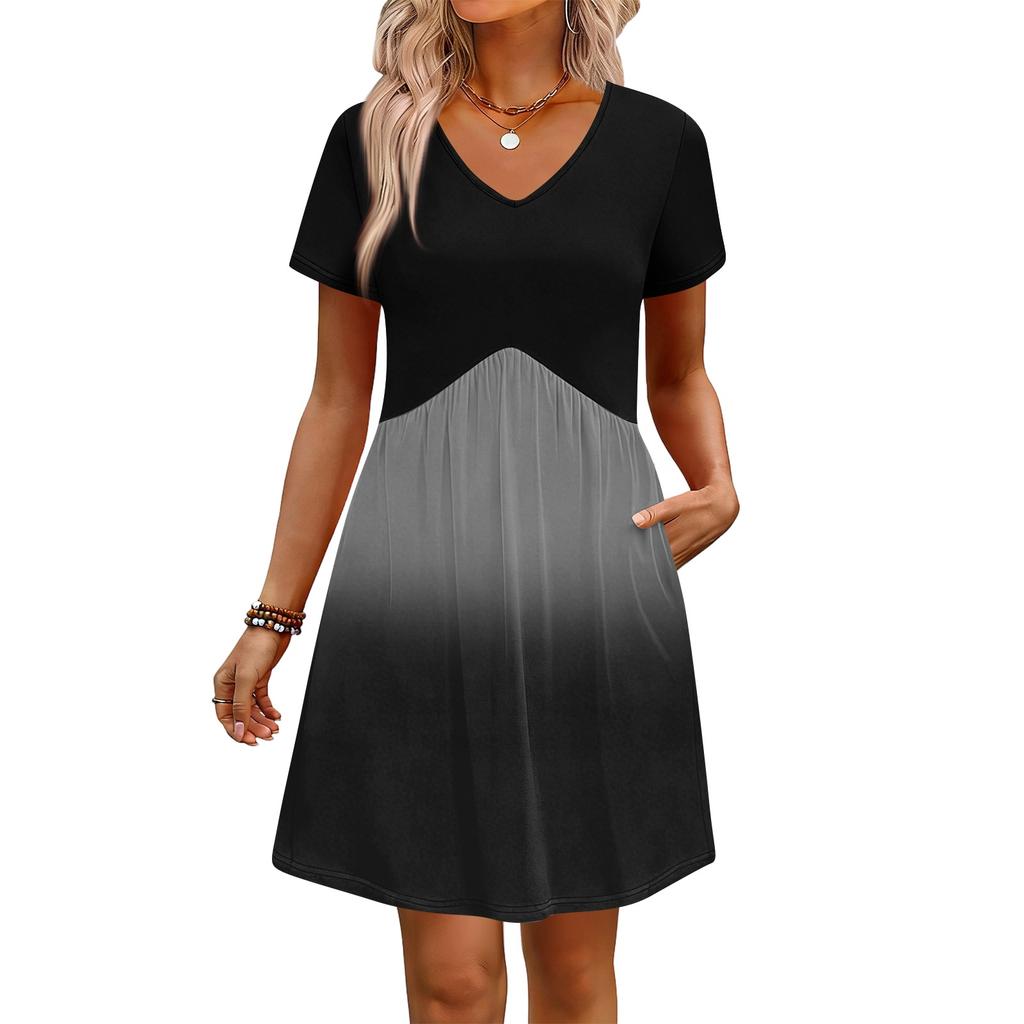 Modna damska sukienka z nadrukiem, dekoltem w serek, krótkim rękawem, luźna, casualowa, na plażę, na wakacje