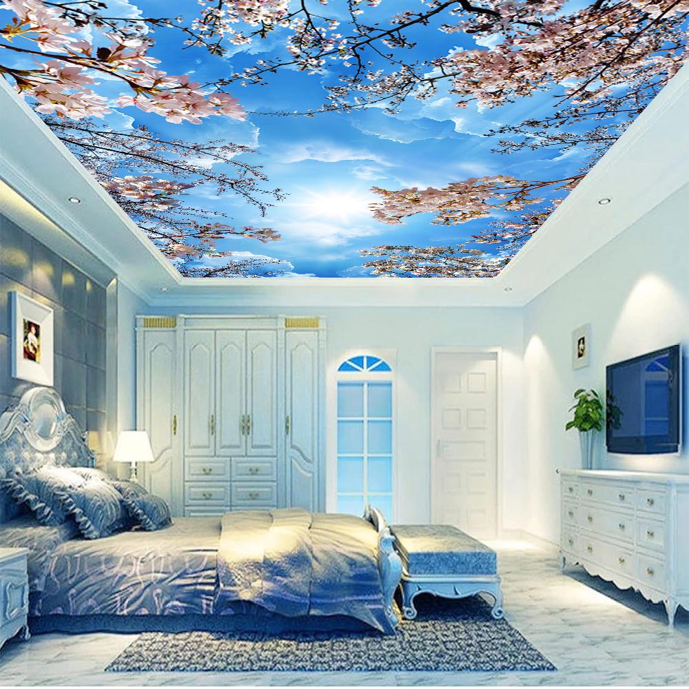 Tapeta na strop obloha Modrá obloha Bílý oblak Nástěnná malba Růžový květ třešně Stropní malba Obývací pokoj Ložnice Tapeta