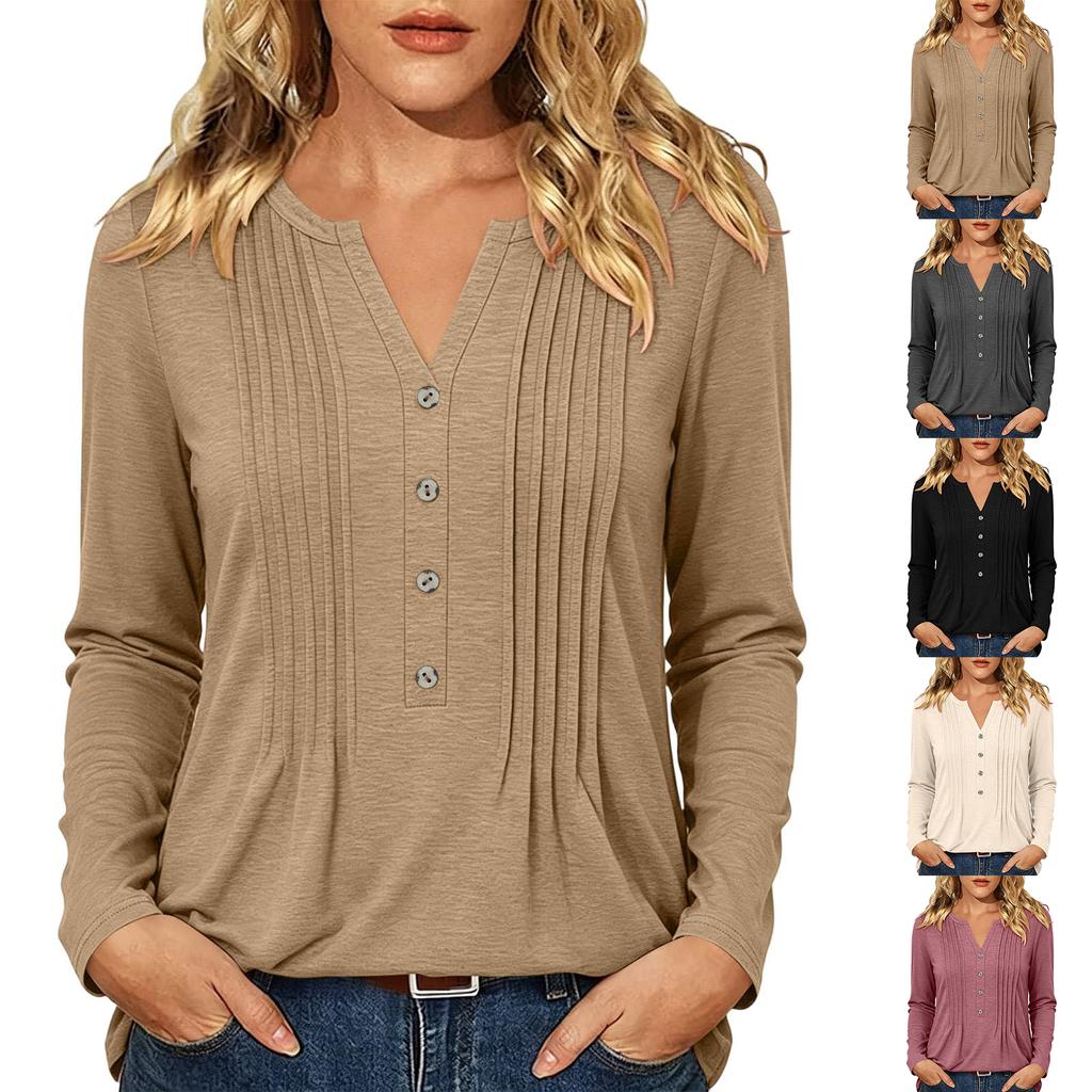 Women's Casual Long Sleeve Shirt with Pleated V-Neck for Everyday Wear