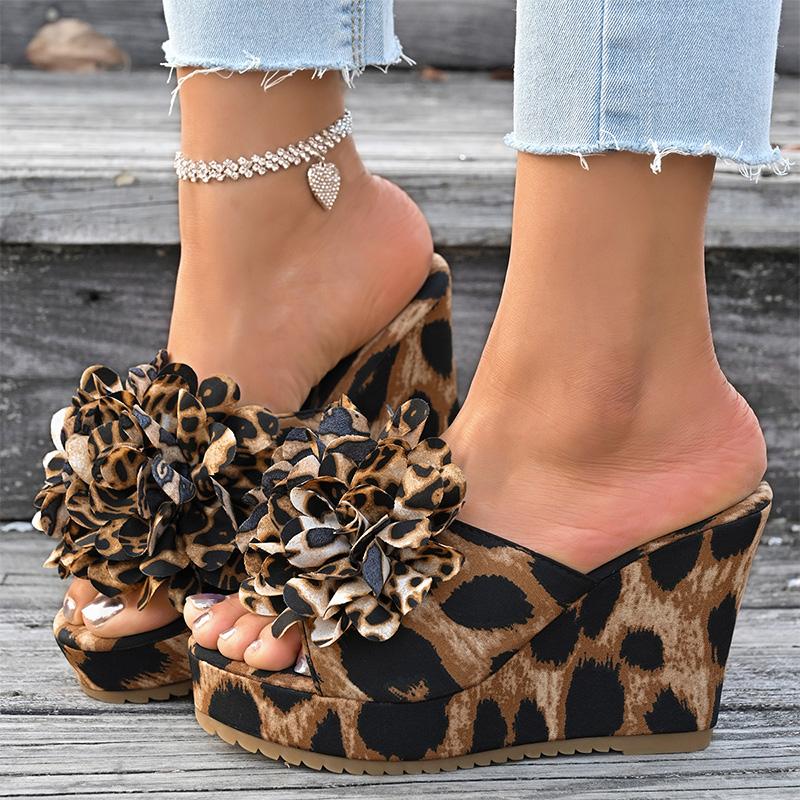 Flower Decor Wedges Sandals for Women Fashion Leopard Chunky Platform Party Slippers Woman Plus Size Thick Sole Non Slip Sandals