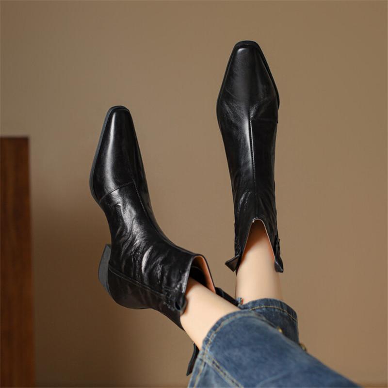 Fashion New Autumn Sheep Leather Women Boots Fashion Square Toe Western Boots for Women Chunky Heel Short Boots Botines Mujer High Heels
