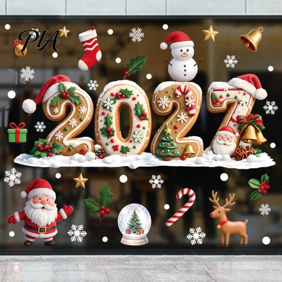 Reusable PVC Window Film Christmas Gingerbread Cling 2027, Static Glass Stickers with Santa Claus Holiday Decor Snowman Reindeer and Snowflake