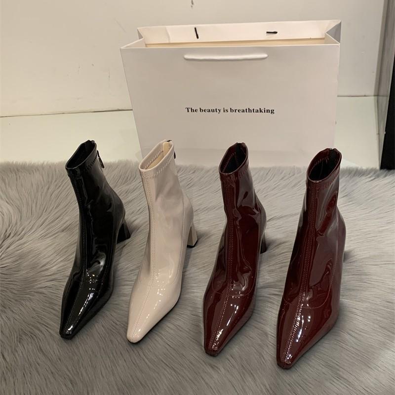 High-heeled short boots women's 2025 new autumn and winter design sense niche pointed thin boots patent leather thick-heeled boots leather shoes