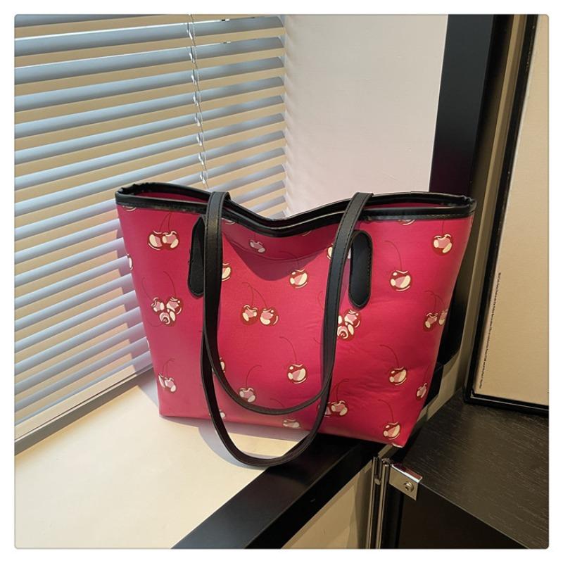 Cherry print tote bag versatile large capacity new commuter fashion high sense messenger shoulder bag handbag