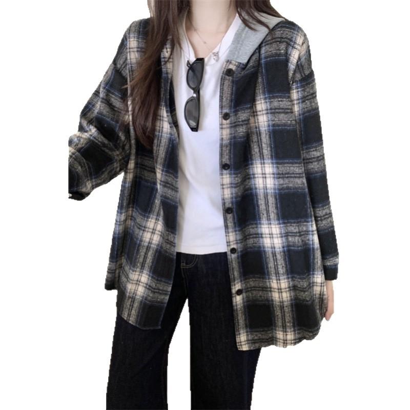 The real shot is not reduced, American retro hooded plaid shirt autumn new loose fake two-piece shirt casual coat