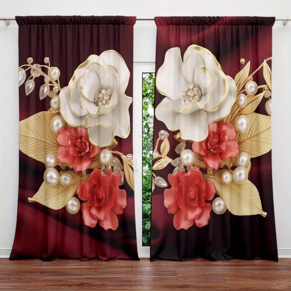2pcs Luxury Swan Red Golden Flower Pattern Printed Curtain Home Decor Rod Pocket Curtain For Bedroom Living Room Home Decor