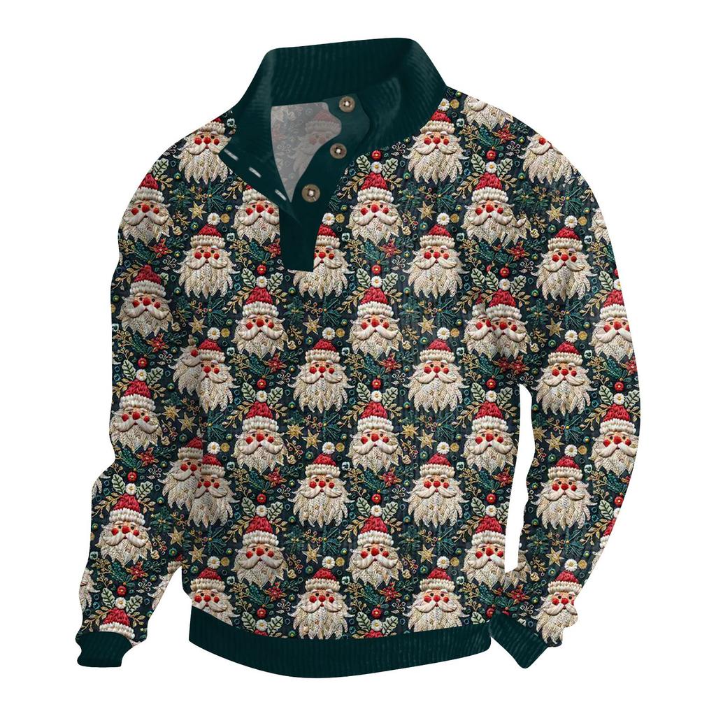 Men's Christmas Cotton Pullover Long Sleeve Outdoor Shirt Vintage Corduroy Button Stand Collar Shirt Casual Sweatshirt Christmas Print Top