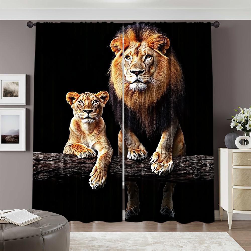 2pcs, 2D flat printing Curtains Lion And Lioness Log Print Versatile Polyester Fabric,Without Electricity Birthday Party Applies