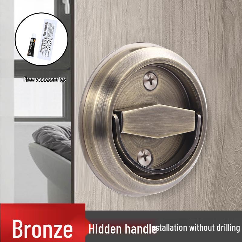 No-Drill Stainless Steel Hidden Door Pull Handle with Lock - Invisible Round Sliding Ring for TV Background Wall