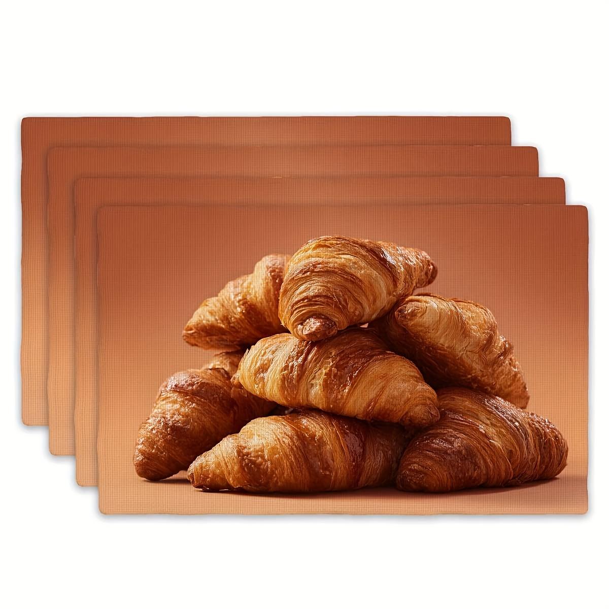

French croissant placemat set of 4 brown background realistic pastry print linen fabric heat resistant table mat for breakfast 4PCS