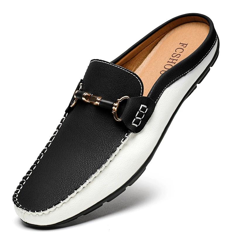 

Men s Mules Leather Loafers Half Shoes Slip-Ons Backless Moccasins Casual Driving Shoes Flats Brown Black Italian Designers 47