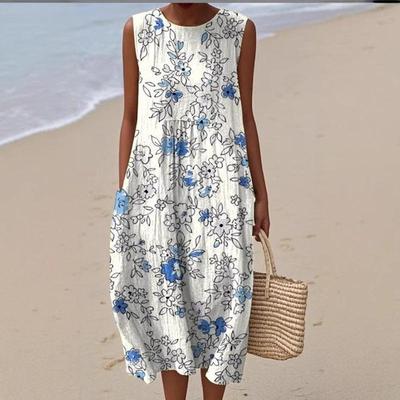 Women's Floral Midi Dress Crew Neck Sleeveless Loose Fit Casual Summer Dress