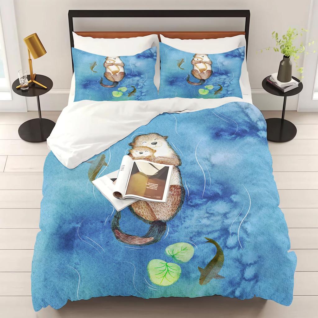Otter Duvet Cover Animal Cartoon 3-Piece Set Children Cute Polyester Soft Breathable Comforter Animation Bedding