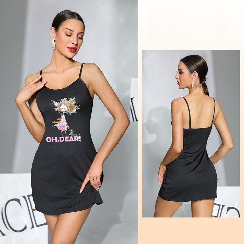 Multi-Pattern Short Cami Nightgown Unique Print Black/White Women's Loungewear 929 Trendy Versatile Sleepwear with Bold Print Choices