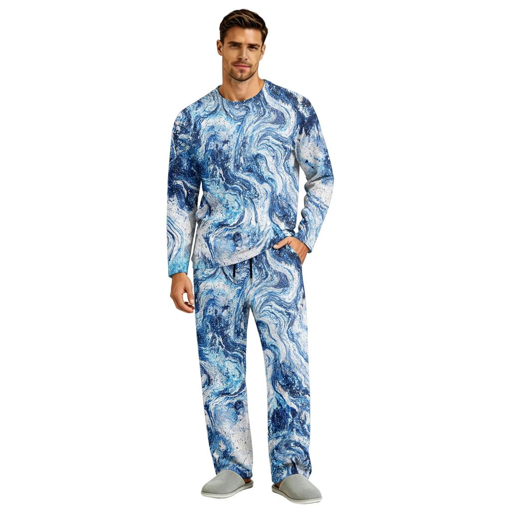 Men's Pajama Set Long Sleeve Top and Long Pants with Button Crotch and Elastic Drawstring Waist for Home Loungewear