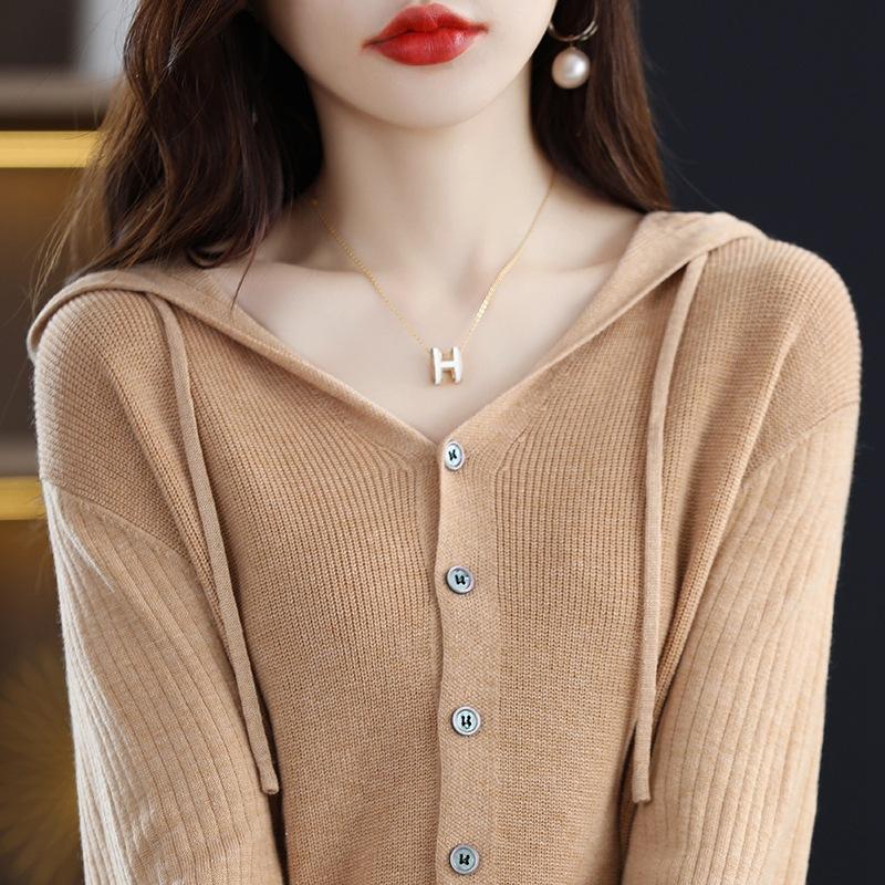 Hooded Cardigan for Women's Spring and Autumn New Loose and Versatile Long-sleeved Wool Hoodie Jacket Top
