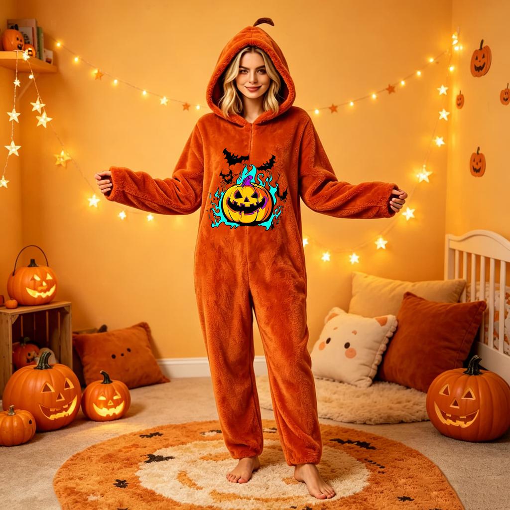 Dames Halloween Print Flanellen Jumpsuit Loungewear Set voor Gezellige Huis Slaapkleding