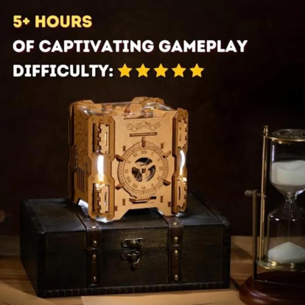 Escape room game in a box: 3D wooden puzzle box for adults, natural wood color, electronic brain teaser with hidden compartment