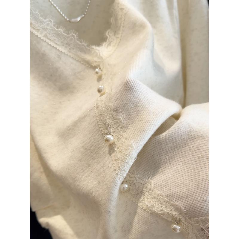 Glitter V-neck Sweater Women's Spring and Autumn New Lace Splicing Knitted Bottoming Sweater