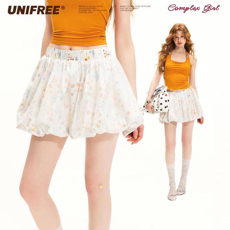 UNIFREE Sweet Floral Print Double-Layer Mesh Skirt L