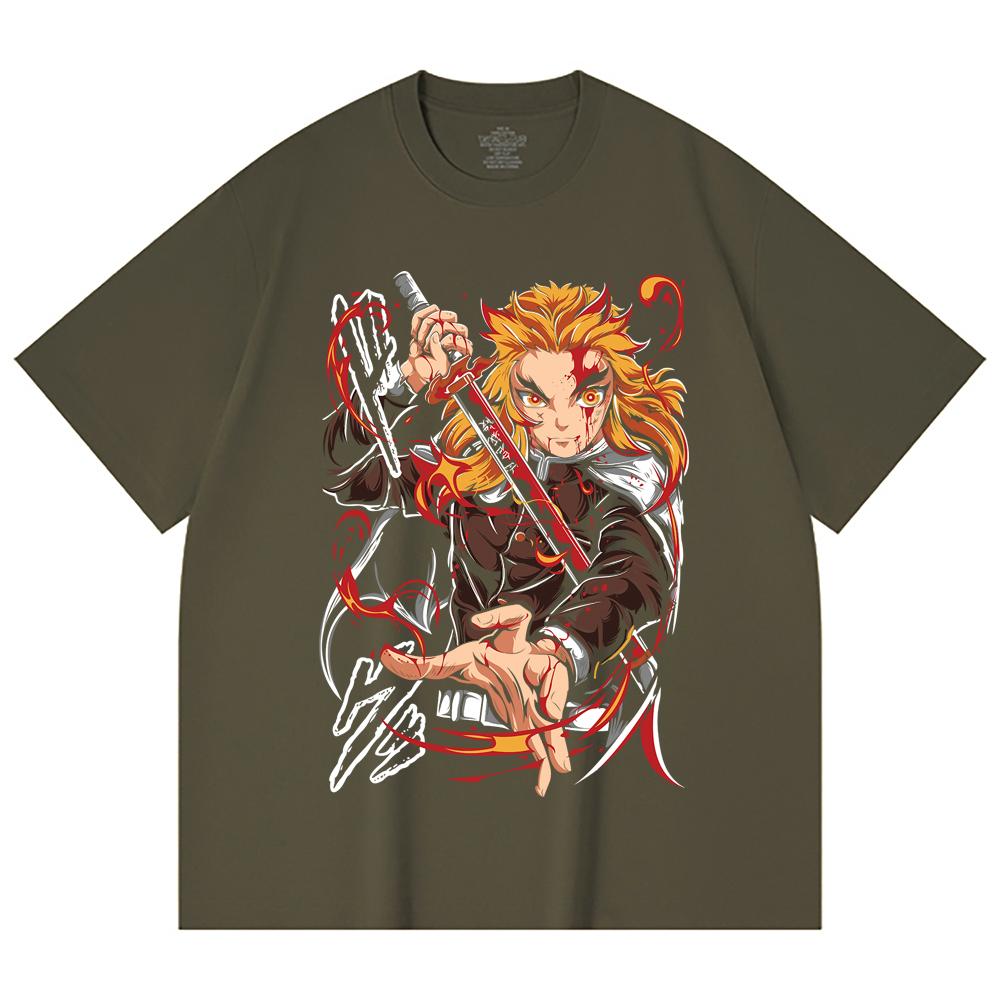 230 Gsm 100% Cotton Demon Slayer V85 Rengoku Print Unisex Heavy Cotton T Shirt