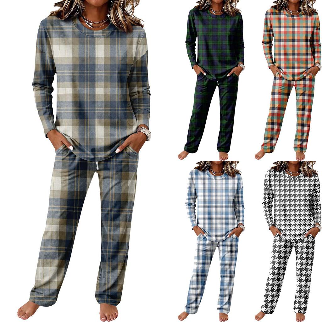 Women's Casual Long Sleeve Round Neck Drawstring Wide Leg Pajama Set for Sleepwear