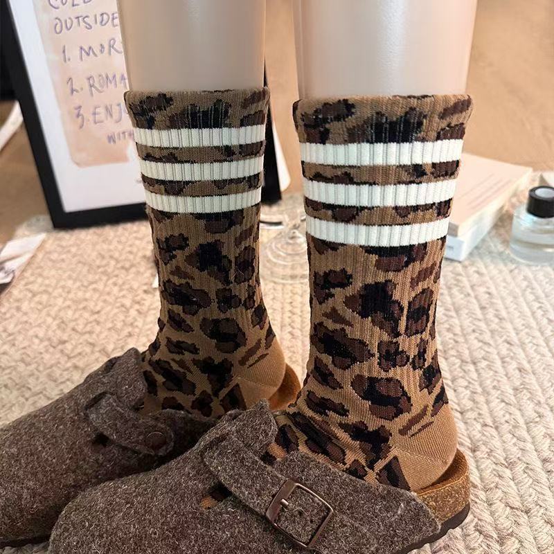 10-1 Pairs Sports Socks, Leopard Print Pattern Maillard Series, Soft and Comfortable Fashionable Wearing, Long Leg Socks, Mid Leg Socks