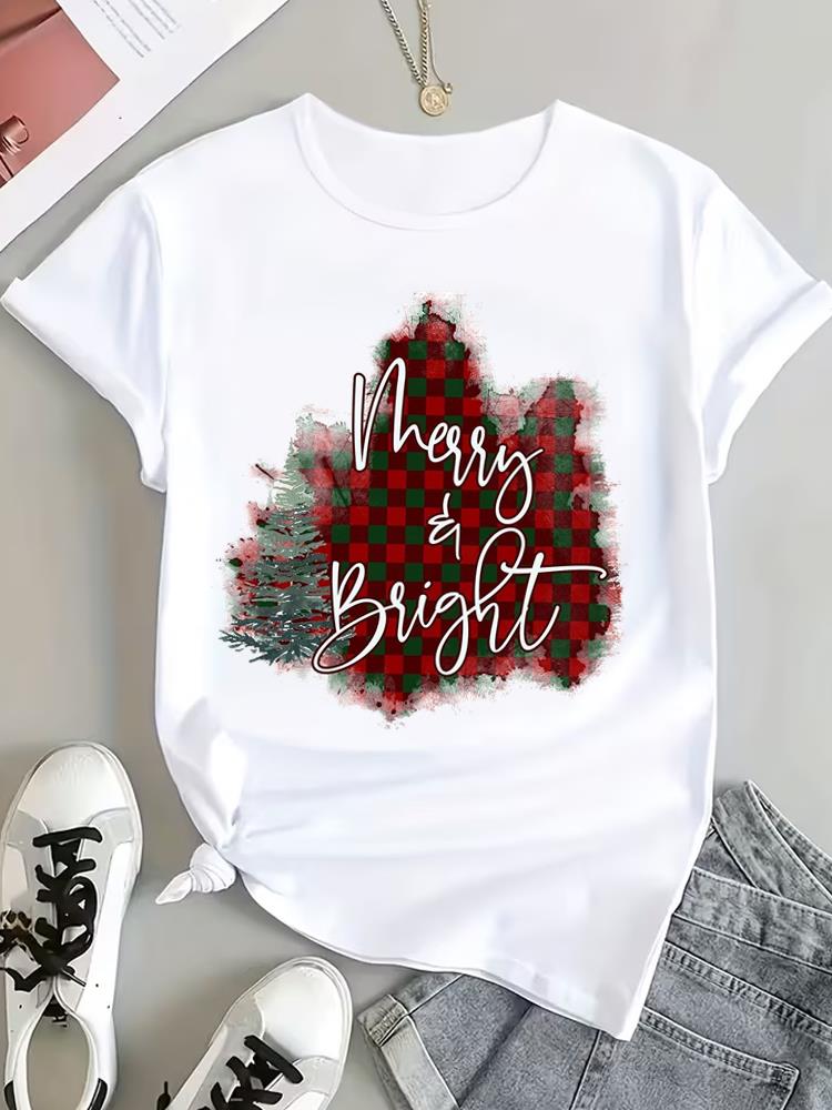 (Asian Size) Peace Trend Christmas Clothing T Shirt Tee Top Festival New Year Women Fashion Print Female Woman Short Sleeve Graphic T-shirts