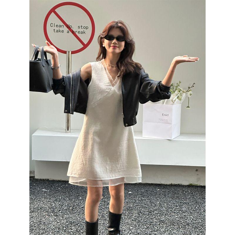 

The Limon Lemon Green Tea Early Spring New Mesh Patchwork Side Zipper V Neck Bandage Dress Vest Dress Long Skirt Apricot L