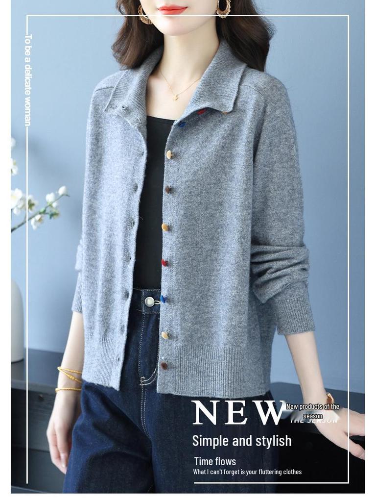 100% Reine Wolle Umlegekragen Damen Strick-Cardigan - Herbstmode Kurze Jacke