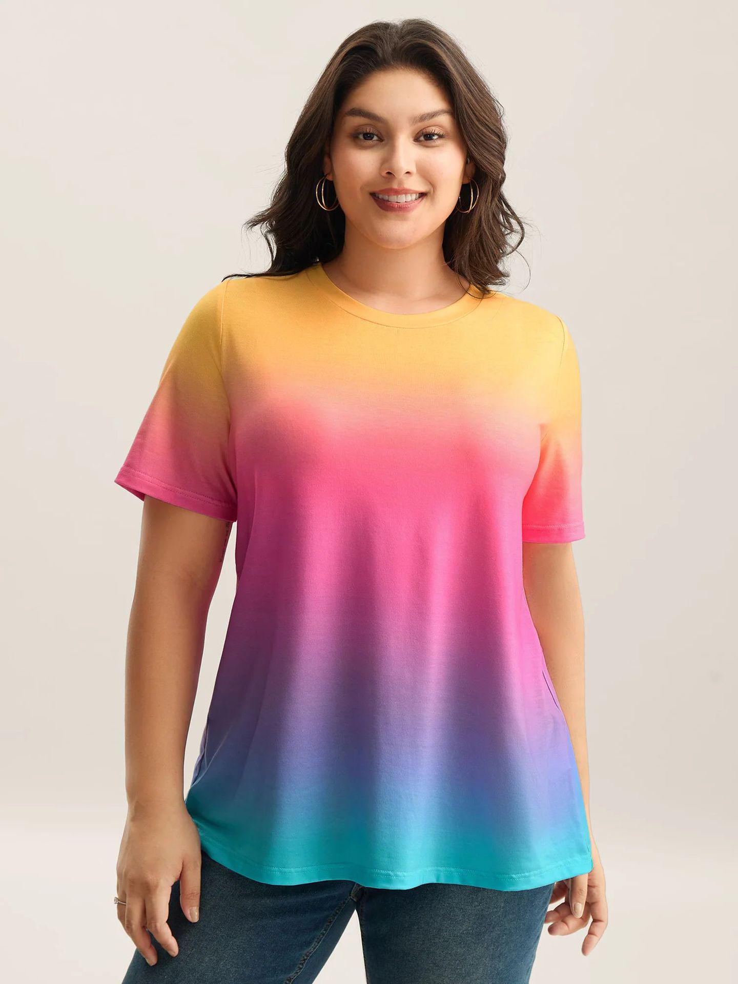 Summer Gradient Tie-Dye Plus Size Women s Short-Sleeve T-shirt 2XL