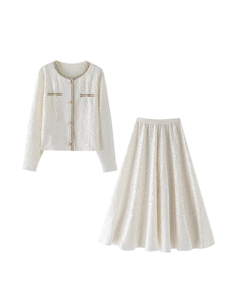 

Miyake Elegant Pleated Cardigan & Irregular Skirt Set One Size бежевий