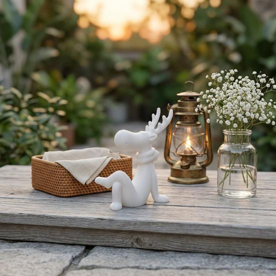Deer Figurines for Christmas Decor 3D Printed Reindeer Figurine, Cute Sitting Statue with Scarf, Holiday Party Table Centerpieces Tabletop Home,