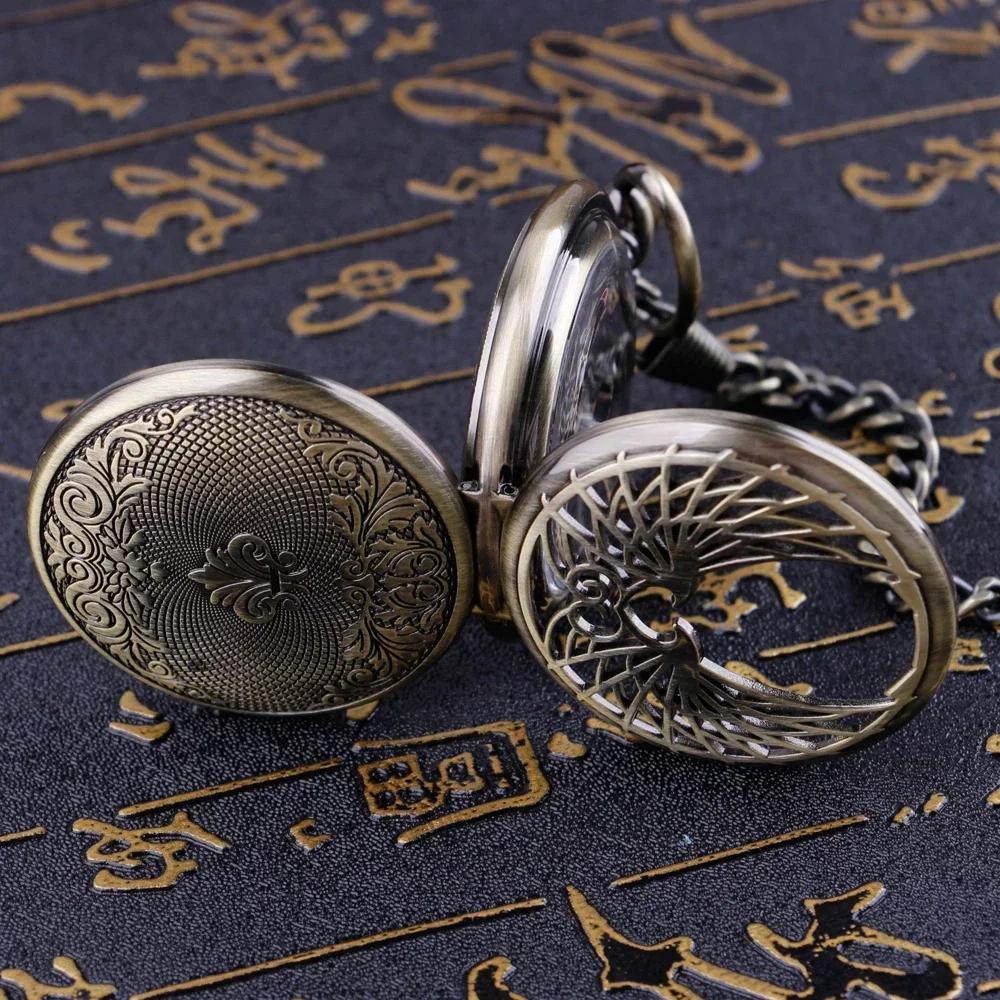 Luxury Vintage Intricate Wings Skeleton Mechanical Pocket Watch Elegant Pendant Clock Roman Numeral Dial Bronze Chain Timepiece