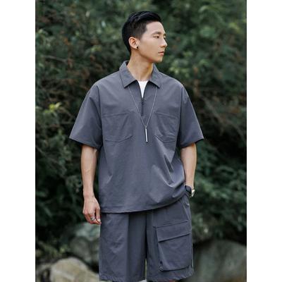 Men's Khaki Half Zip Polo Shirt and Cargo Shorts 2-Piece Set Casual Outdoor