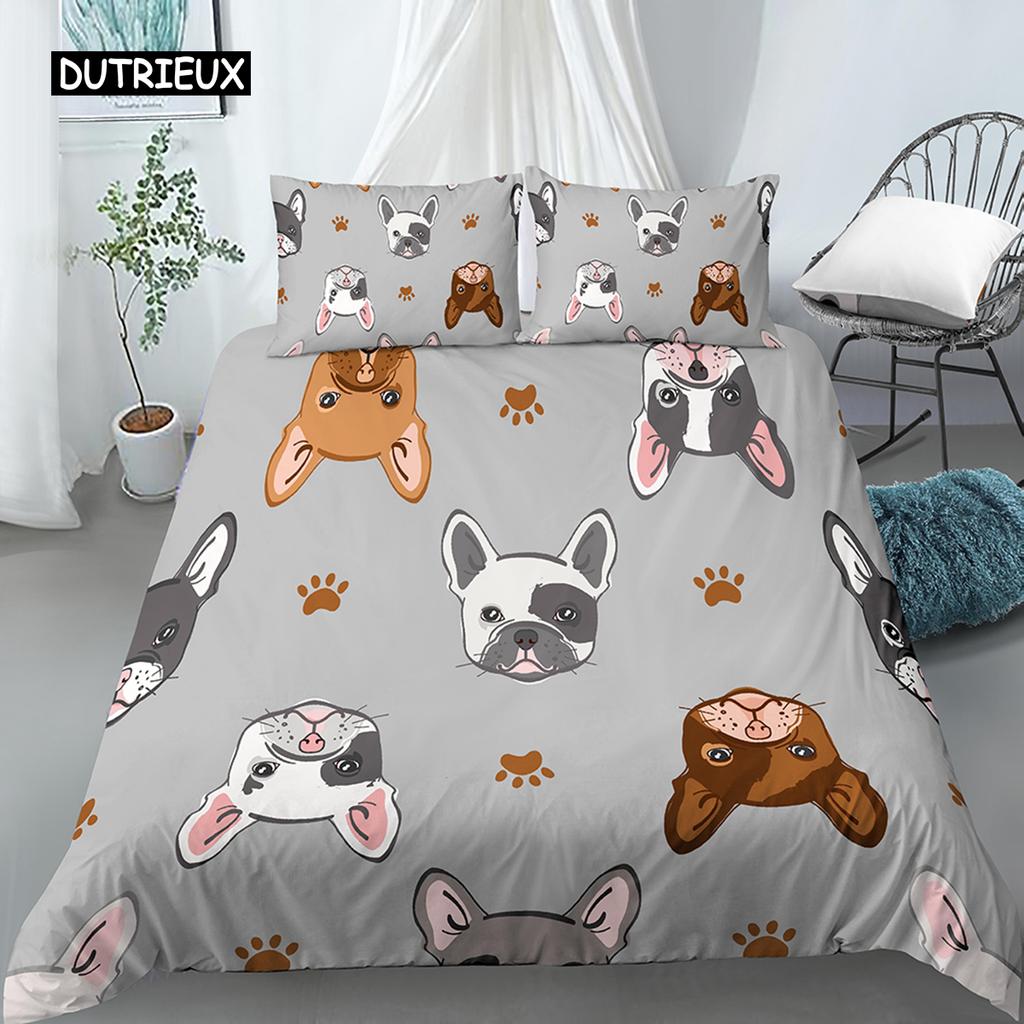 Ensemble Housse de Couette Chien Dessin Animé Imprimé Carlin Drôle Ensemble de Literie King Size pour Enfants Garçons Filles Thème Animal 2/3 pièces Housse de Couette Twin