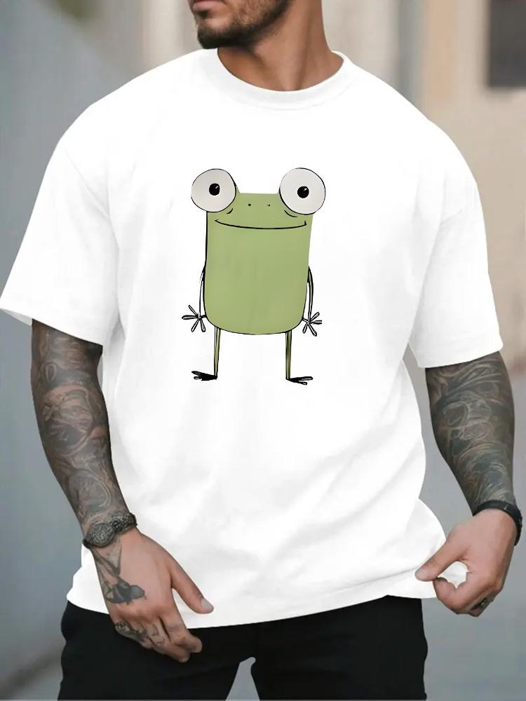 Unisex O Neck Tee Big Eyes Cartoon Frog Cute Animal Print Cotton Short Sleeve Loose Summer Breathable Daily Casual Basic Wear Top