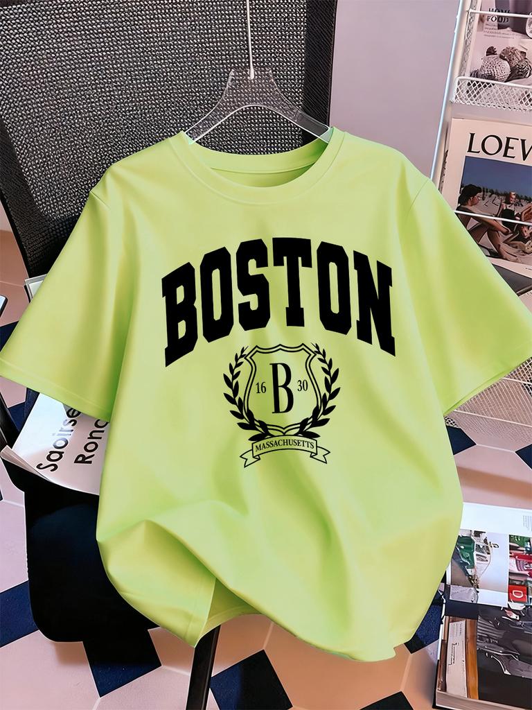 Boston 1630 Persönlichkeit Kunst Drucke Kurzarm T-Shirts Damen Baumwolle Sommer T-Shirts Weich Locker Rundhals Oberteile Basic Kleidung