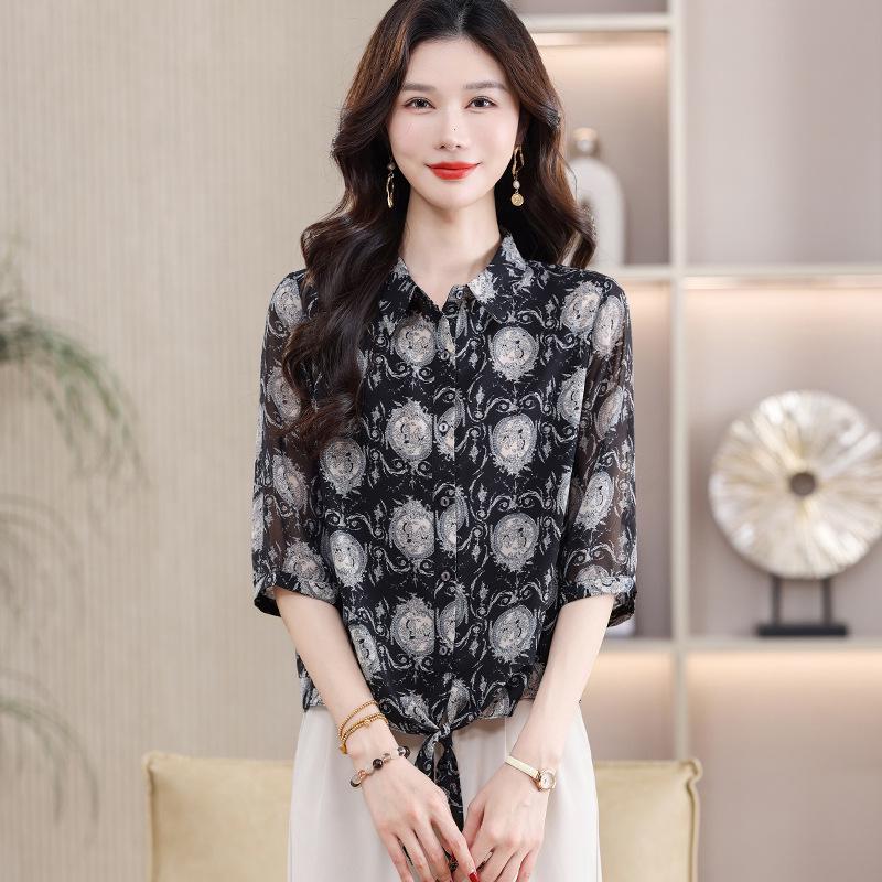 Elegant Summer Silk Print Women's Seven-Sleeve Top