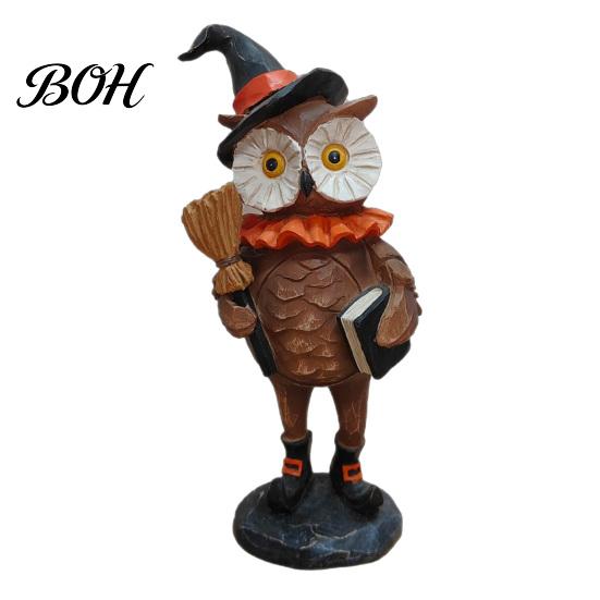 Resin Figurine Ornaments Wooden Halloween Figurines, Pumpkin Scarecrow Wizard Owl Black Cat Tabletop Decorations Statue, Rustic Desktop for
